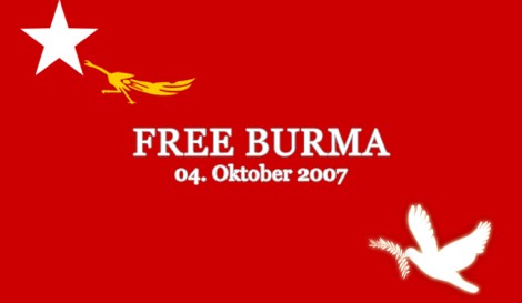 Free-Burma-Banner mit Friedenstaube auf der burmesischen Flagge.