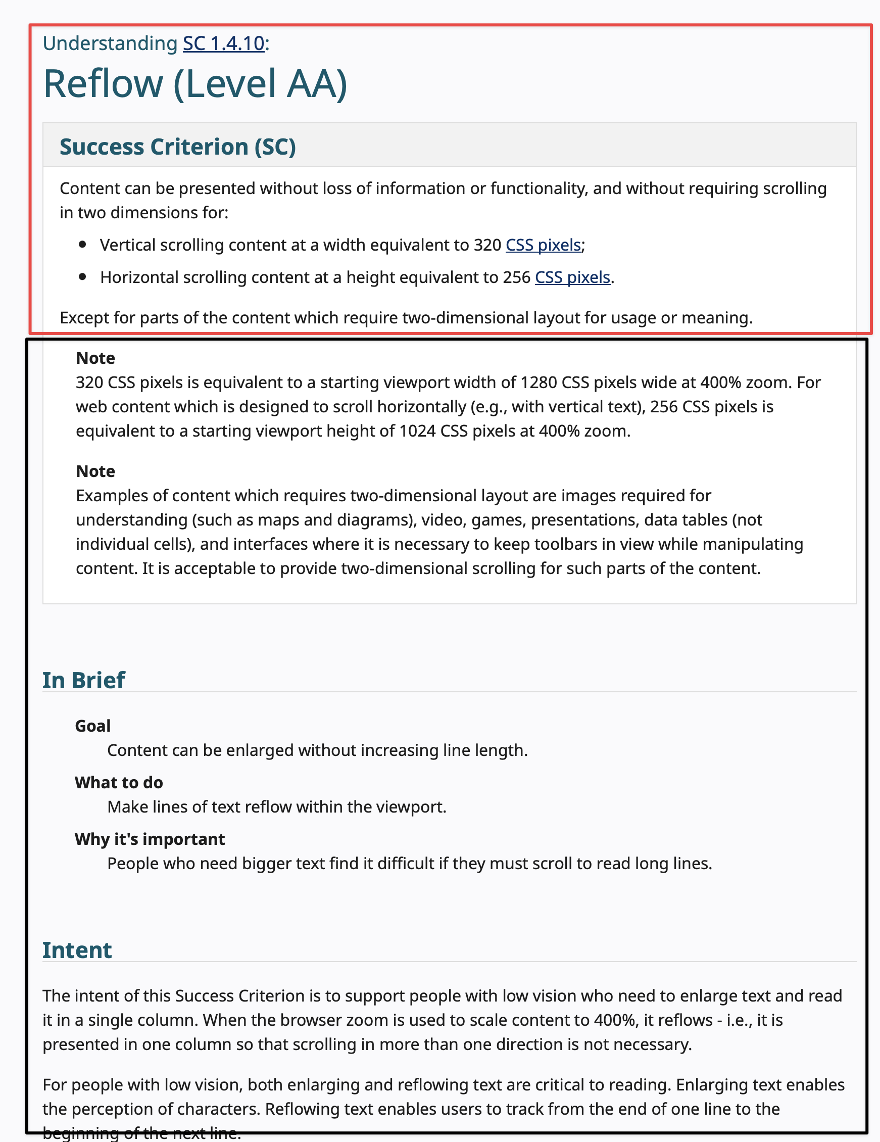 Now there are only two boxes: The heading and the two paragraphs and list of the success criterion are in a red box, then non-normative content starts.