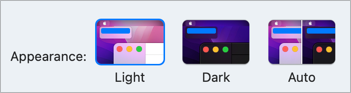 Screenshot from macOS Monterey System Preferences, showing Light, Dark, Auto as “Appearance” options.